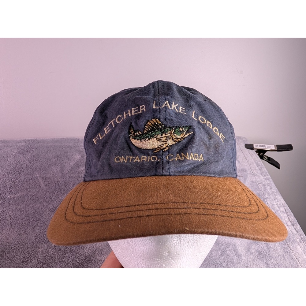 Fletcher Lake Lodge Ontario Canada Fishing Hat Blue Brown Brim AJM Strapback